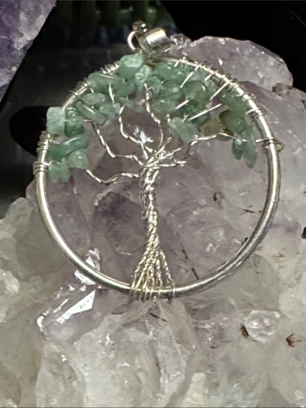Handcrafted Silver Tree of Life Pendant with Green Adventurine Chips
